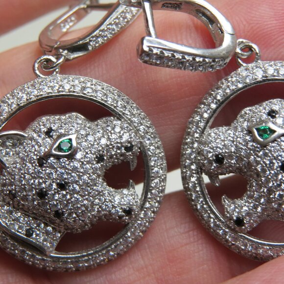 *Sterling Silver Diamond & Emerald Panter Earring - Picture 3 of 4